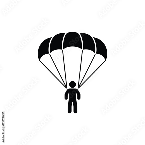 Simple black silhouette of a parachutist descending with open canopy