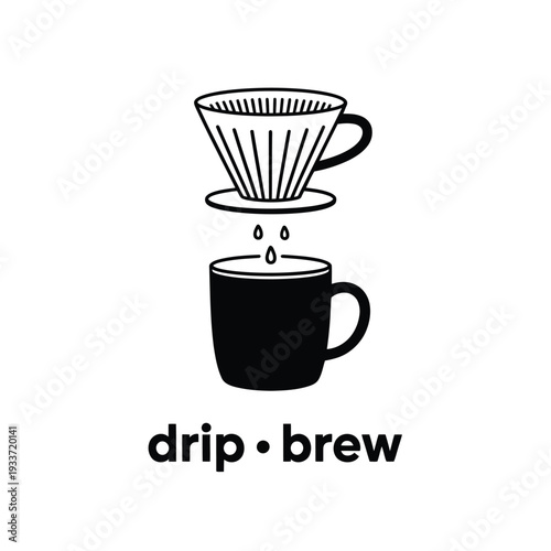 Black and white illustration of a pour over coffee setup with dripping liquid