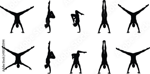 Breakdance handstand silhouette collection with dynamic hip hop dancer poses isolated on light background, urban street dance vector set for fitness and performance design