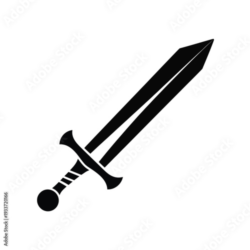 A simple black silhouette of a medieval broadsword on white