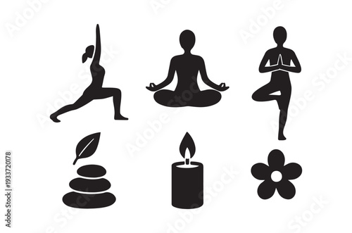 Black silhouettes depicting yoga poses meditation and wellness symbols