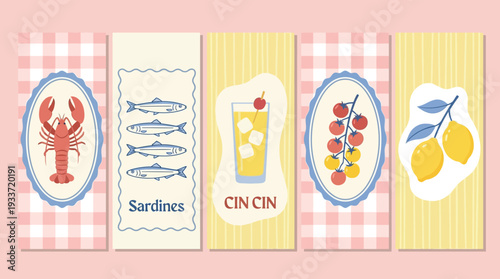 Summer Food and Drink Illustrations Set with Seafood Cocktails Vegetables and Fruits