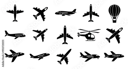 Set of Airplanes and Hot Air Balloon Icons, Vector Illustration