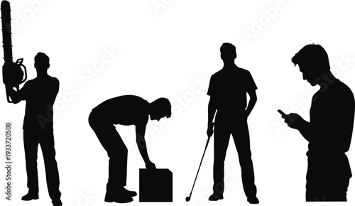 Male silhouette collection in different everyday activities including chainsaw work, lifting box, playing golf, and using smartphone isolated on light background