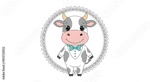 Adorable cartoon cow with a blue bow tie stands inside a decorative circular frame with grey patches on its hide and white background.