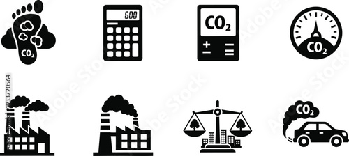 Carbon Footprint and CO2 Emissions Icon Set with Greenhouse Gas Symbols, Industrial Pollution, Carbon Calculator, and Net Zero Balance Icons for Environmental Sustainability and ESG Reporting