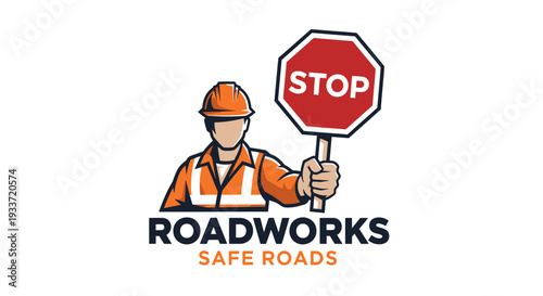 Roadworks Safety Officer Holding Stop Sign Logo Design.