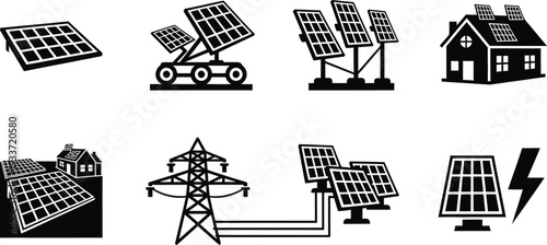 Set of Solar Energy Icons and Photovoltaic System Vector Illustrations for Renewable Energy, Sustainable Power Generation, Residential Solar Panels, and Green Technology Infrastructure