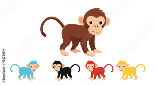 Set of five identical cartoon monkeys shown in different colors including brown blue black red and yellow for variety in character design.