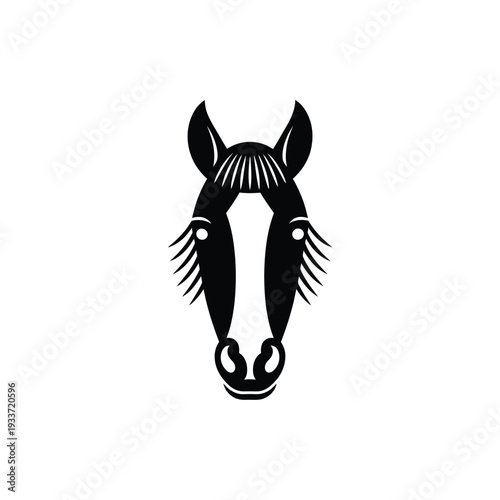 Minimalist black and white illustration of a horse s head facing forward