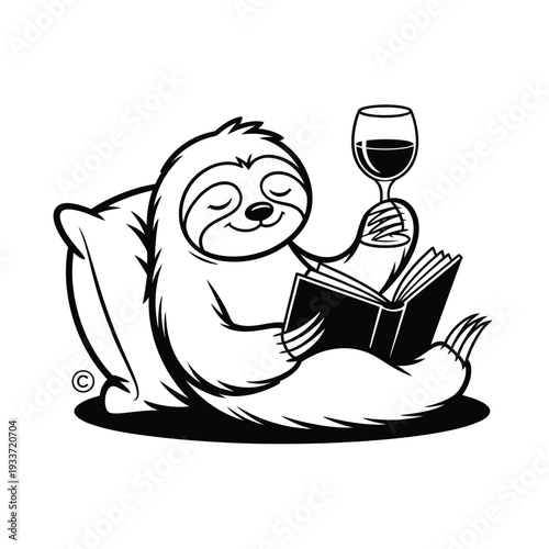 Relaxing sloth enjoys a book and glass of wine in a comfy chair