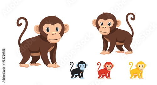 Charming collection of cartoon monkeys in various sizes and colors, featuring playful expressions and long curled tails.