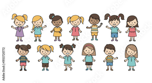 Large group of diverse boys and girls stand together, showcasing different hair colors, skin tones, and colorful clothing styles.