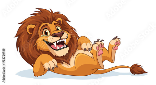 Cheerful cartoon lion lies on its back, laughing and showing its paws in a playful and friendly pose on a white background.
