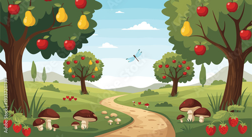 Winding path leads through a lush fruit orchard with apple and pear trees, strawberries, and mushrooms in a sunny meadow.
