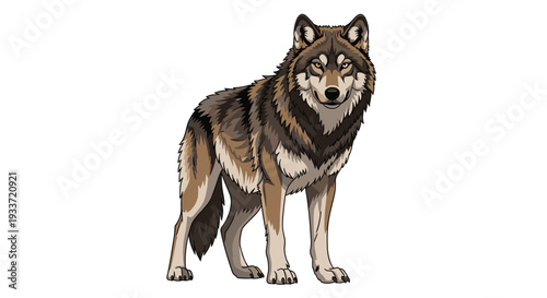 Majestic wolf stands alone on a white background, featuring detailed thick fur in shades of brown and grey with sharp eyes.