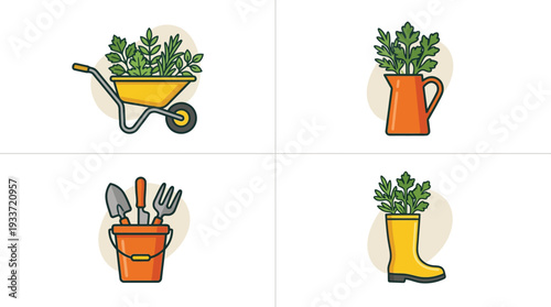 Collection of flat design gardening essentials plants tools and equipment
