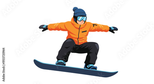 Determined snowboarder in an orange jacket and blue goggles jumps high in the air, performing a trick against a white background.