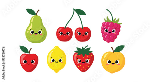 Seven cute cartoon fruits including a pear, cherries, raspberry, apple, lemon, strawberry, and peach feature sweet smiling faces.