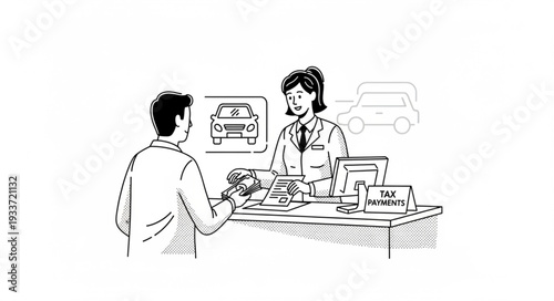 Woman Assisting Customer at Counter.