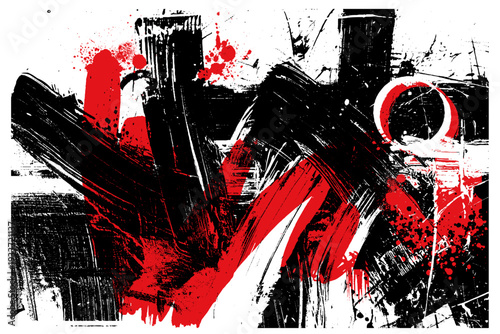 Abstract red and black grunge background with expressive ink splatters and brush strokes.