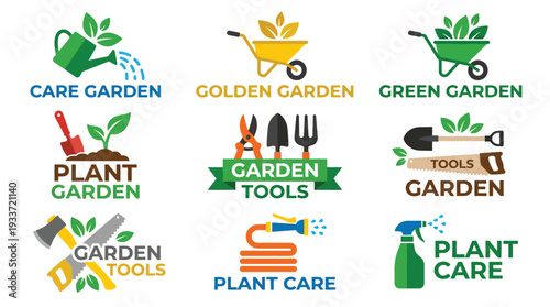 Colorful vector set of gardening tools and plant care icons on white
