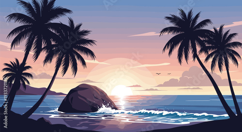 Dramatic beach sunset scene features the sun dipping below the horizon behind silhouettes of palm trees and a large coastal rock.
