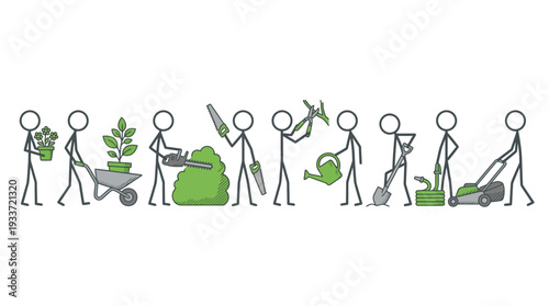Stick figures gardening with tools performing various outdoor yard work activities