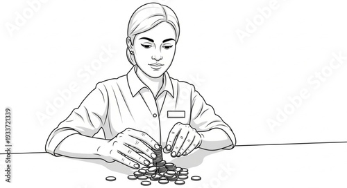 Woman counting coins on table.