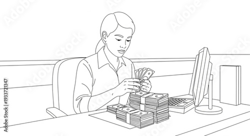 Woman Examining a Pile of Money.