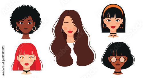 Beautiful female portraits featuring women of different ethnicities and styles are shown in a creative and colorful flat vector art illustration.