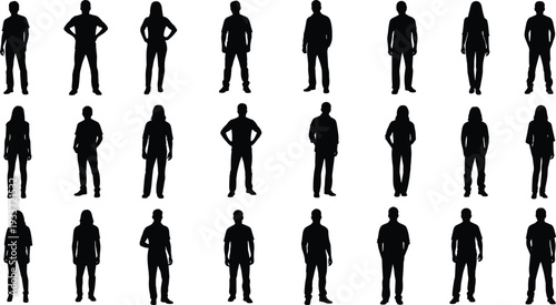 Yoga silhouette set featuring meditation poses, tree pose, warrior stance, plank and stretching exercises isolated on white background, wellness fitness and mindfulness lifestyle concept