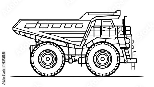 Mining Truck Blueprint: A detailed outline of a massive mining truck, showcasing its robust design and heavy-duty capabilities, illustrating the essence of industry and infrastructure.