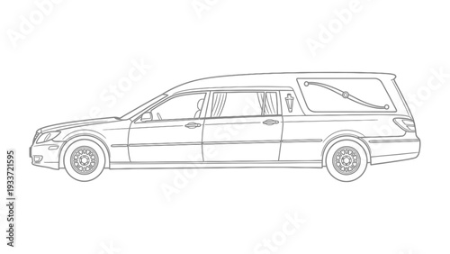 Hearse Illustration: A detailed line drawing of a hearse, a vehicle designed for transporting caskets, ready for solemn duty.
