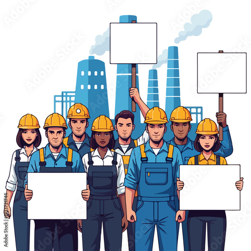 A diverse group of industrial workers in yellow hard hats and blue overalls holding blank protest signs in front of a factory background, conveying a sense of unity and activism with a