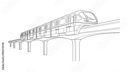 Monorail on Rails: A modern monorail train, captured in a clean line drawing, moves gracefully along elevated tracks, signifying efficient public transport. 