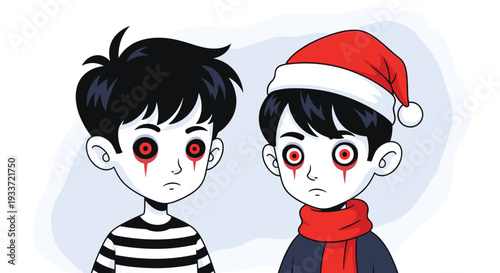 Two spooky zombie boys with dark hair and bleeding red eyes are depicted in a cartoon style, with one wearing a festive red Santa hat and scarf.