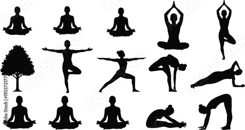 Yoga silhouettes collection featuring meditation poses, tree pose, warrior stance and stretching exercises isolated on white background, healthy lifestyle fitness and mindfulness concept illustration