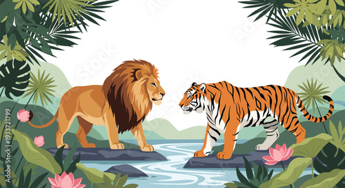 Noble lion and a fierce tiger face each other by a river in a dense tropical jungle filled with green leaves, palm trees, and pink lotus flowers.