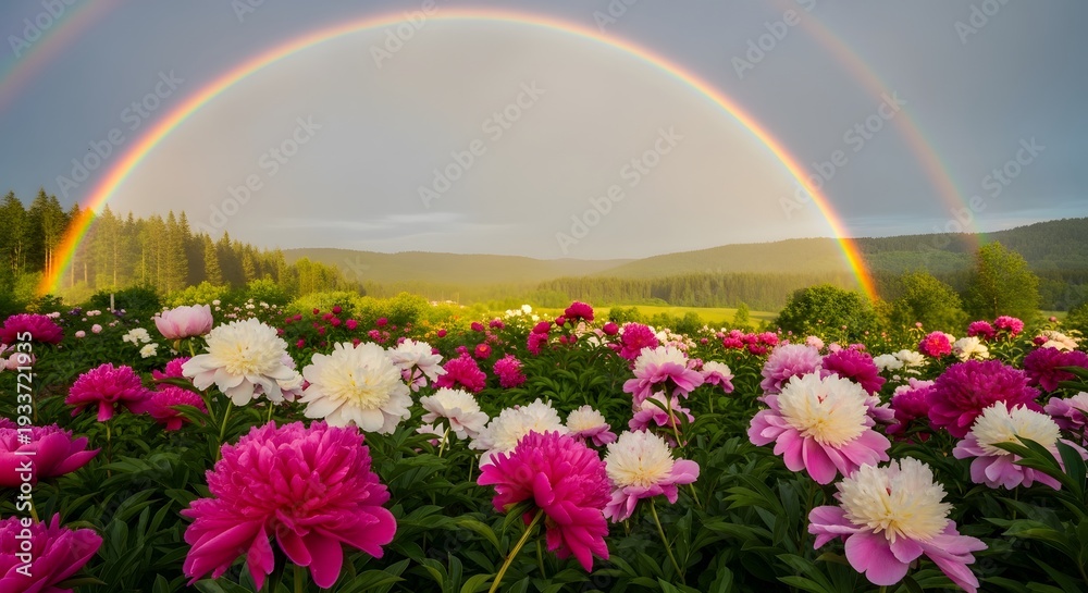Obraz premium Vibrant double rainbow over a field of blooming peonies under a cloudy sky