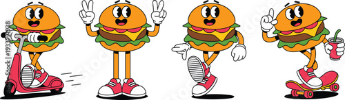 Cute burger mascot character collection, cartoon hamburger riding scooter skateboard walking holding drink fast food illustration