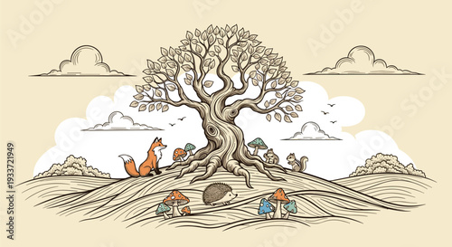Artistic engraving style illustration depicts a large ancient tree on a hill with a fox, hedgehog, and squirrels among colorful mushrooms.