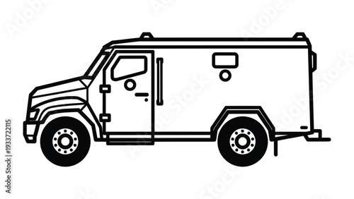 Armored Security Vehicle: A detailed line drawing of an armored security vehicle, designed for secure transport and protection.