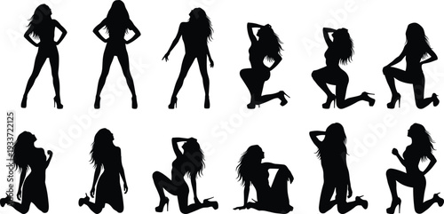 Collection of black female silhouettes in high heels posing, standing, kneeling, and sitting for fashion modeling, beauty industry, and glamour designs