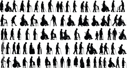 Black silhouettes of elderly people walking with canes, seniors using wheelchairs, disabled persons with walkers, and old age healthcare icons