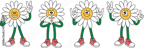 Cute daisy flower mascot character bundle, cartoon floral illustration with funny expressions and hand gestures isolated on white