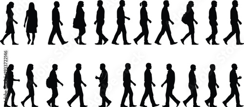 Black silhouettes of men and women walking in a row, group of people moving, pedestrian side view isolated on white, collection