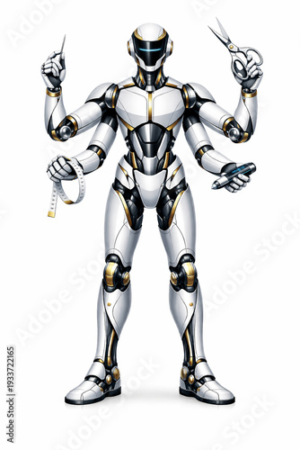 Vector Illustration of futuristic four arm AI tailor robot with tailoring tools