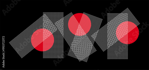 Abstract geometric composition with red circles and white stippled rectangles on black background.