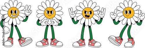 Cute daisy flower mascot characters set, cartoon floral illustration with different hand gestures isolated on white background